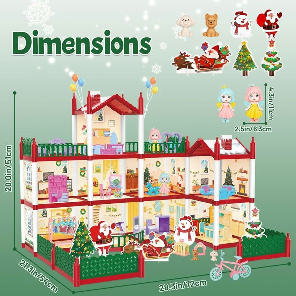 deAO Toys Christmas Doll House Playset – 3D DIY Two-Floor Dream House with Garden & Accessories Pretend Play Princess House Gift for Kids Ages 3+