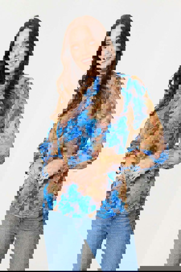 Blue | Printed High Neck Long Sleeve Blouse