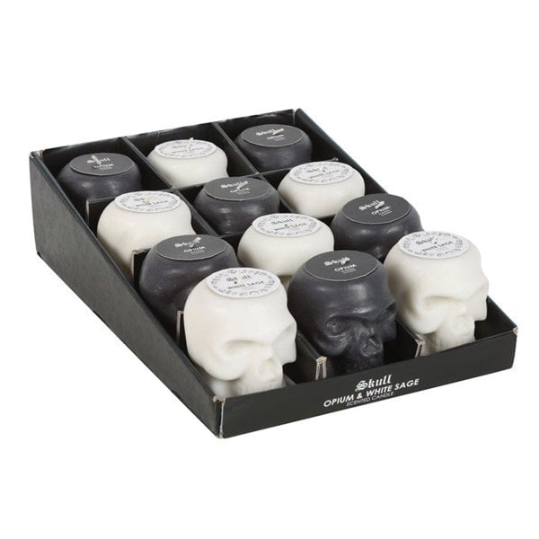 Serano Set of 12 Opium & White Sage Skull Candles in Display