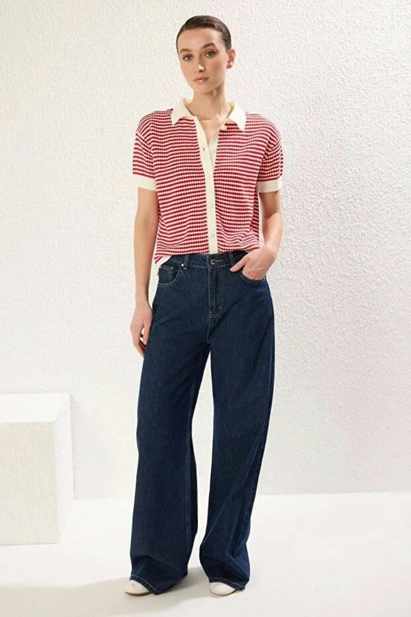 Hoxton Gal Striped Polo Neck Knit Mid-Length Blouse