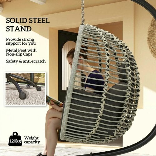 Bobobiy Outdoor Swing Chair with Thick Padded Cushion, Patio Hanging Egg Chair with Metal Stand, Foldable Basket, Rope Structure, Dark Grey