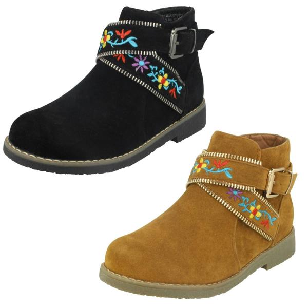 Spot On Girls Spot On Ankle Boots With Embroidered Flowers H5072