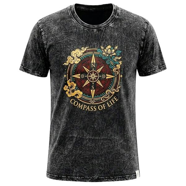 Charcoal T-shirt with Compass of Life circular emblem graphic on front