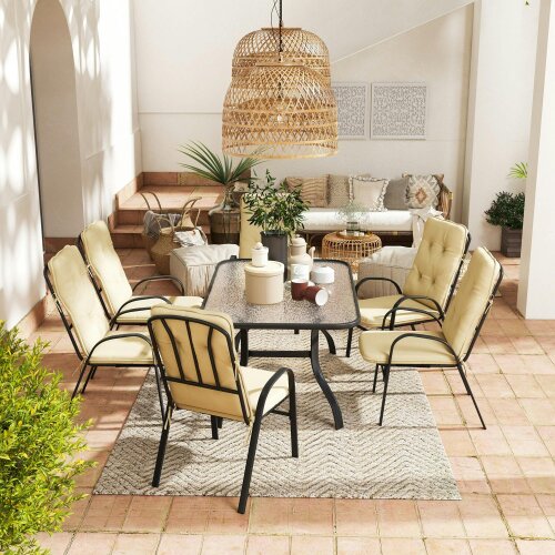 Wyld Haus Seriva 6 Seater Cream Garden Dining Set with Black Metal Frame