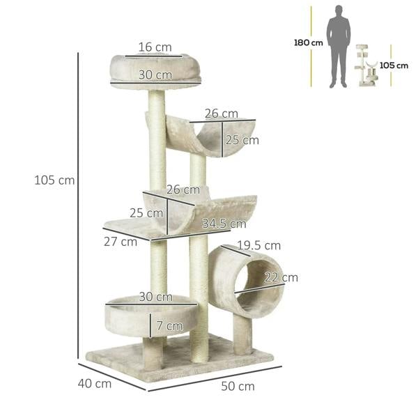 Beige cat tree size diagram with labeled dimensions and multiple stacked levels.