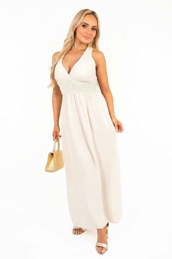 Talina Cross Back Maxi Dress With Ruched Waist - Beige
