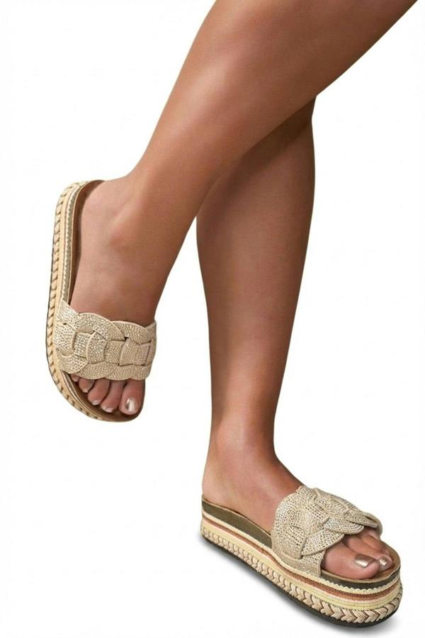 Erin Open Toe Embellished Strap Slide Platform Sandals - Beige_wb