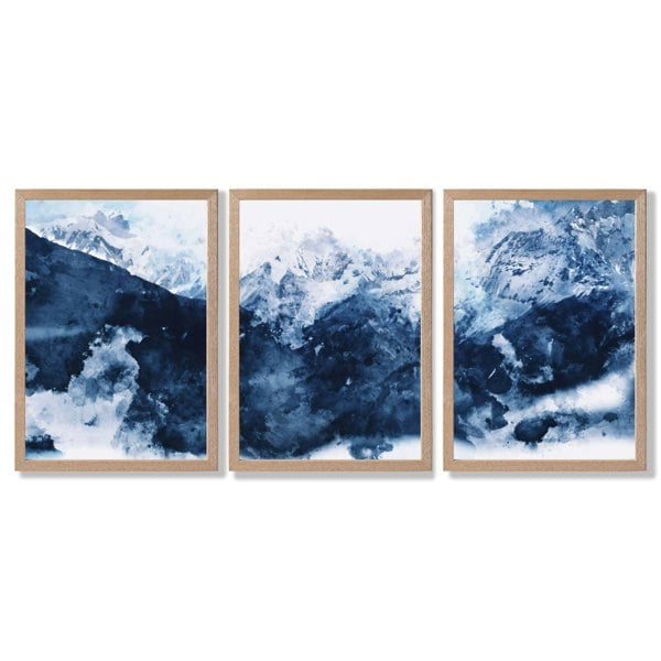 Abstract Navy Blue Mountains Set of 3 Framed Art Prints with Light Oak Frames