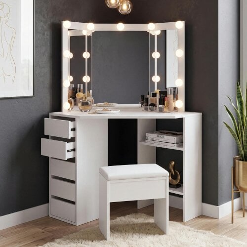 Kosy Koala White Dressing Table Wood Makeup Desk with LED Mirror 5 Drawers Corner