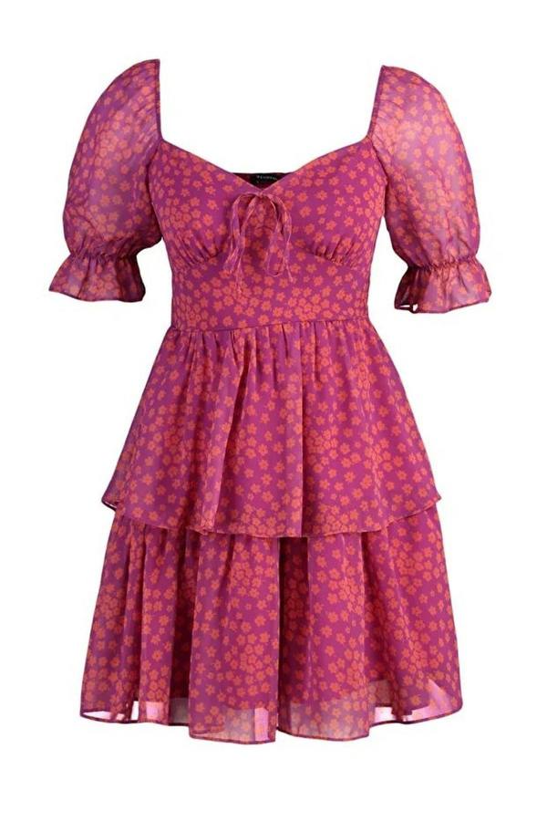 WOVCOR Floral Skater Chiffon Mini Lined Woven Dress with Ruffles