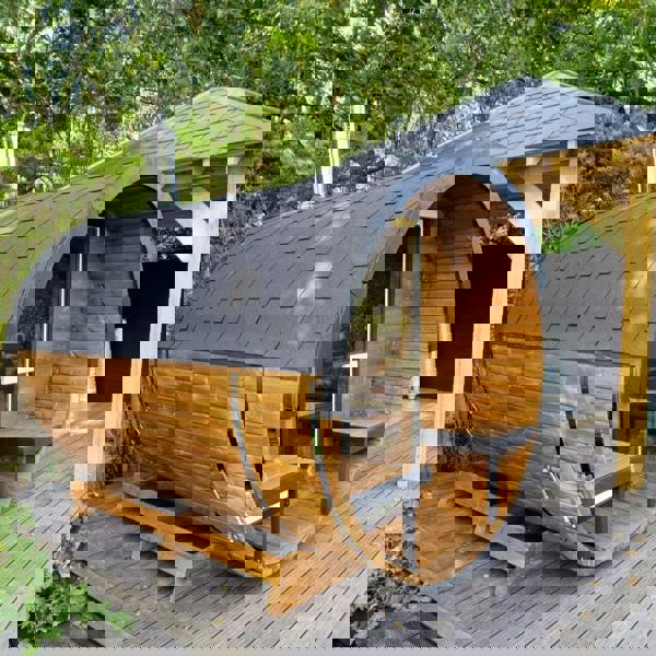 400cm Spruce Barrel Sauna | Thermowood | Terrace | Wood-Fired or Electric.