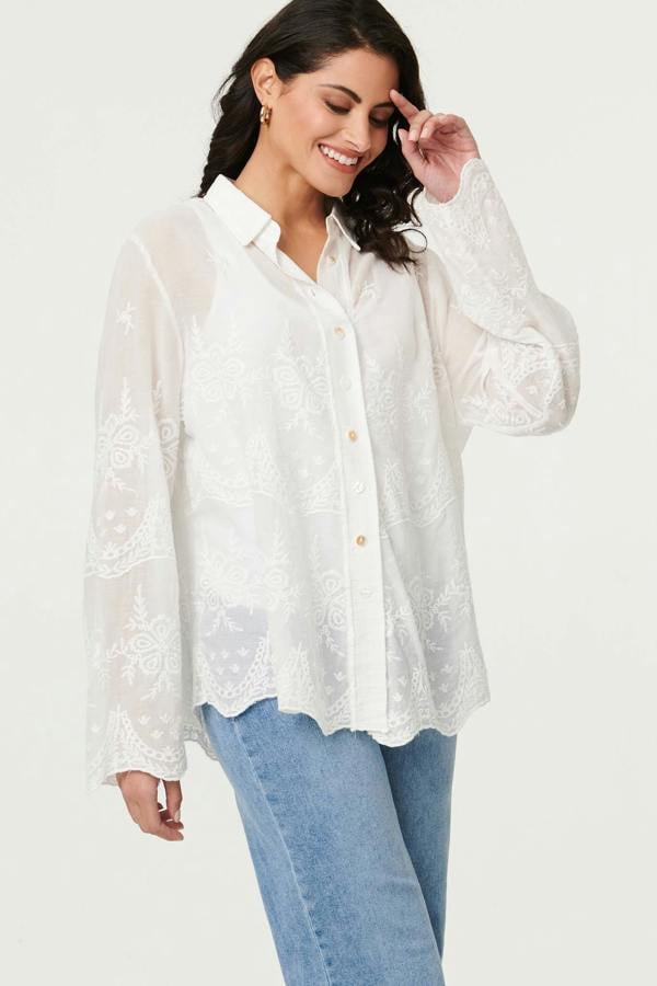White | Embroidered Long Sleeve Semi Sheer Shirt