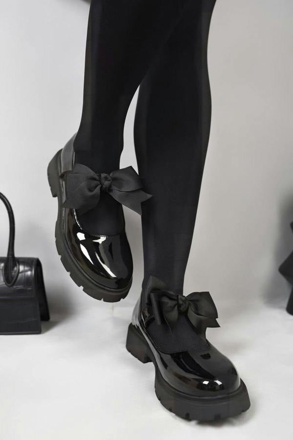 Taylee Chunky Sole Patent Ballet Flats With Bow Detail - Black