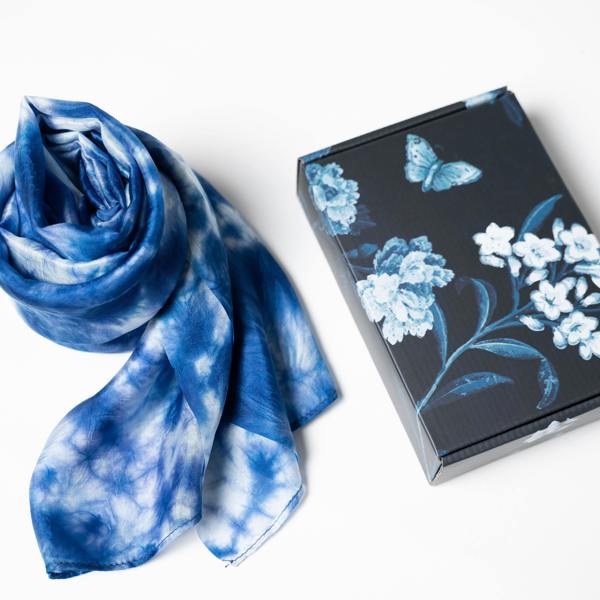 Indigo Shibori Silk Scarf – Hand-Dyed Mulberry Silk, Headscarf & Evening Wrap