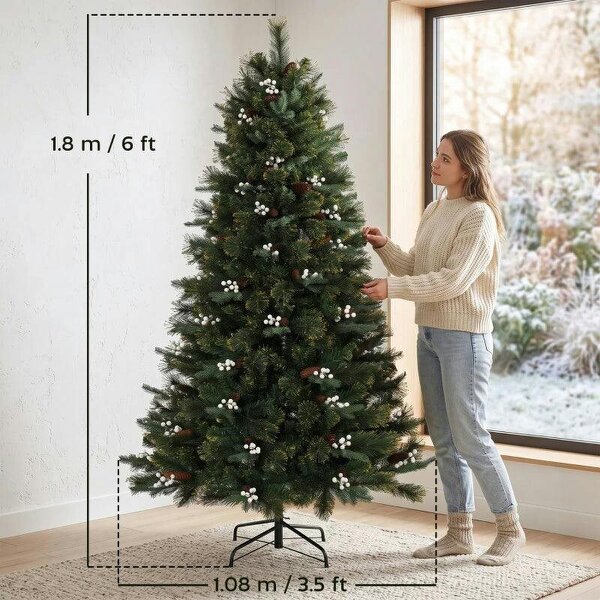 Bobobiy 6ft Artificial Christmas Tree, Fir Hinged Xmas Tree with 716 Branch Tips, Foldable Metal Stand, Easy Assembly, Green