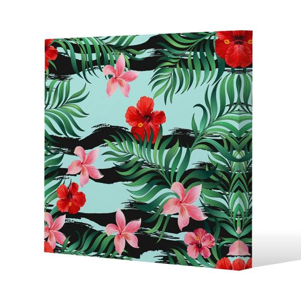 Benjamin Tate Design Red & Pink Tropical Plants Slim Style Canvas Print  90x90cm , 15mm Slim Real wood.