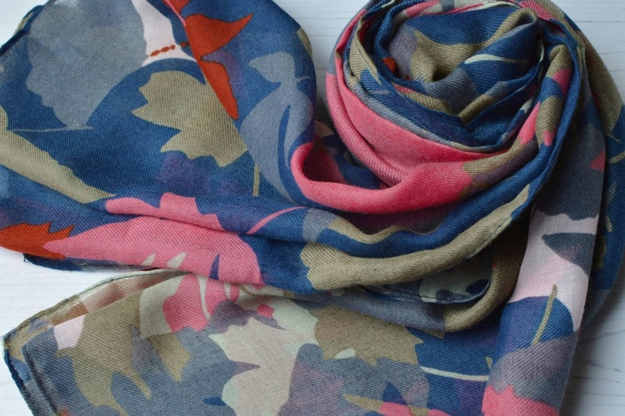 Antonia York Leaf Scarf | Hannah Large Light Weight Gauzy Wrap Recycled Polyester Blue Sage Pink