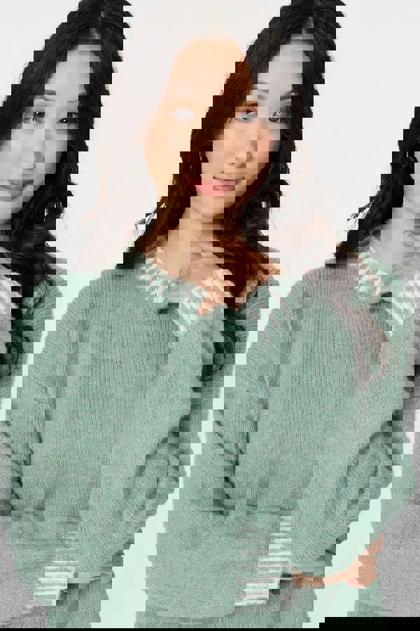 Sage | Contrast Trim Balloon Sleeve Jumper
