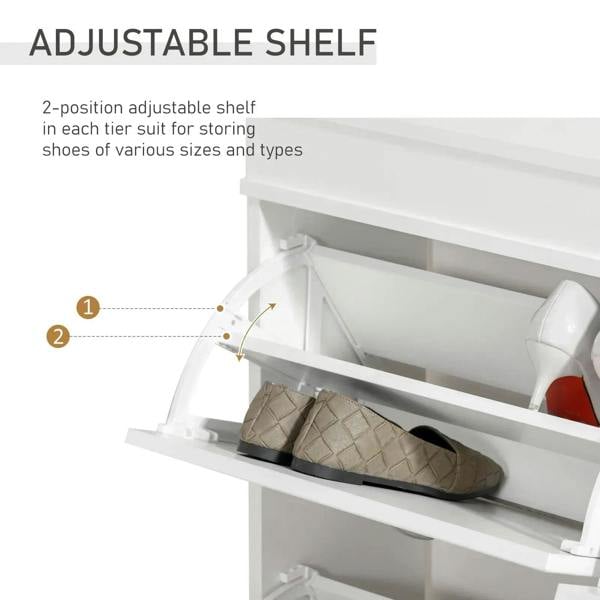 White shoe cabinet with adjustable interior shelf inside open flip drawer