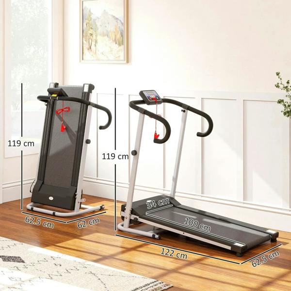 Folding treadmill with incline frame, grey belt deck and side handrails, compact size