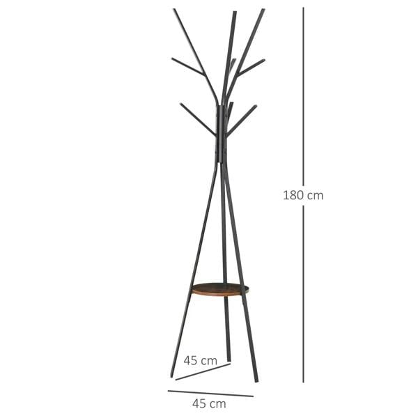 Freestanding coat rack stand with round shelf, multiple hooks, and 180 cm height
