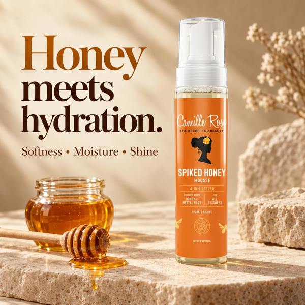 A bottle of Camille Rose Spiked Honey Mouse styled on a stone surface with a jar of honey, a honey dipper, and dried flowers. Large text on the left reads 'Honey meets hydration.