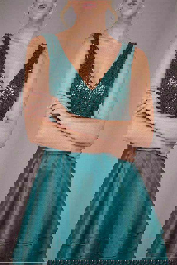 Sequin And Satin Tiered Hi-Low Mini Skater Dress - Emerald Green DR1317PB