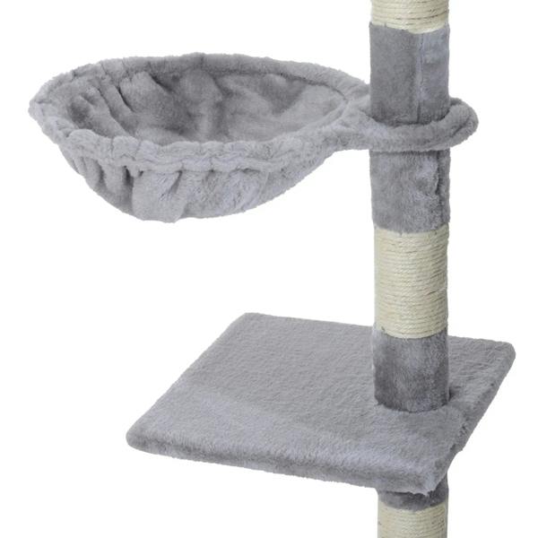 Grey plush hammock basket and scratching posts on layered platforms of a cat tree