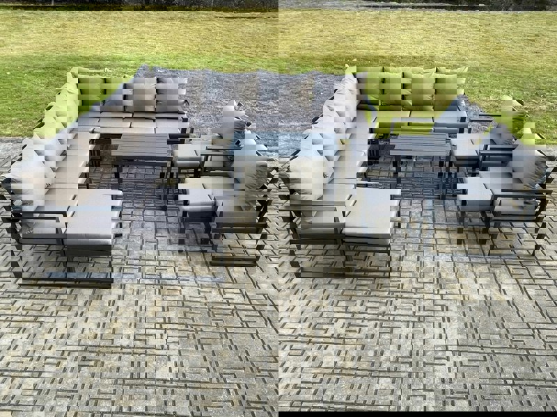 Fimous Aluminium Outdoor Garden Furniture Set Lounge Corner Sofa Oblong Coffee Table 2 Pcs Chair Sets with 3 Footstools Dark Grey