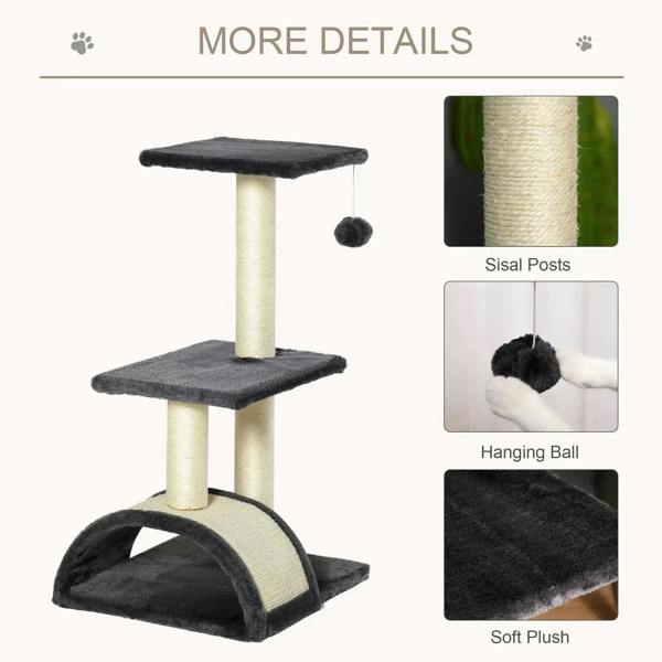 Black cat tree with sisal posts, arched scratching cover, soft plush platforms, hanging ball