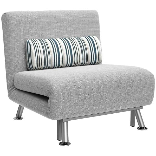 Light grey single sofa bed with striped pillow and rounded armrest