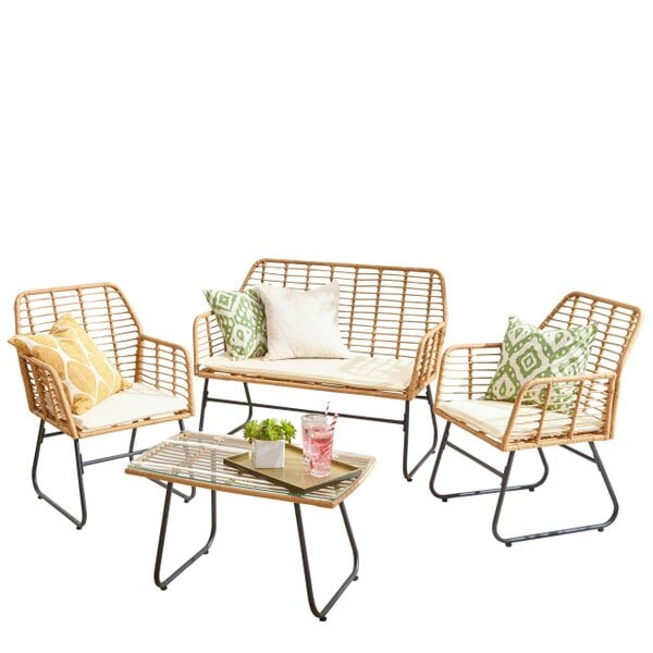 Neo Beige 4 Piece Wicker Bamboo Style Garden Sofa, Table & Chairs Set