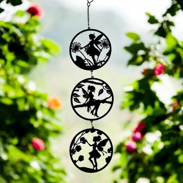 EDH Door Hardware Black Fairy Silhouette Hanging Trio Spinner– 60cm x 15cm | 3-Tier Kinetic Wind Spinner for Garden & Home