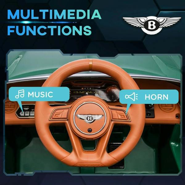 Green kids electric car interior with brown steering wheel and dashboard controls