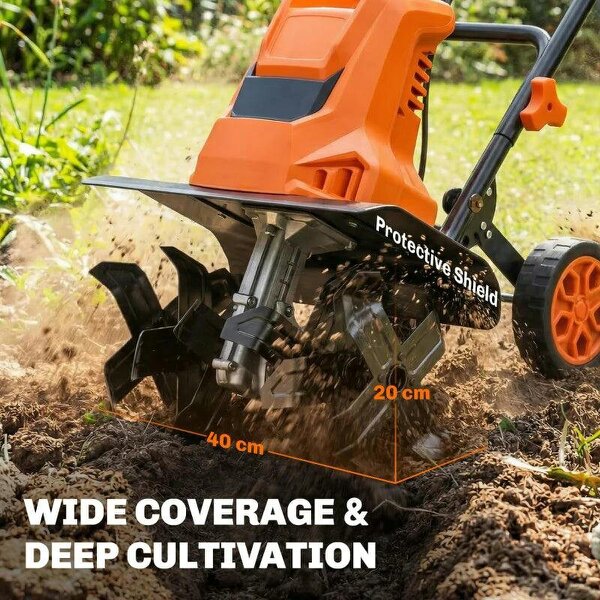 1500W Electric Garden Tiller w/Foldable Handle, 40cm Working Width, 20cm Tilling Depth, 6 Blades, 2 Adjustable Wheels