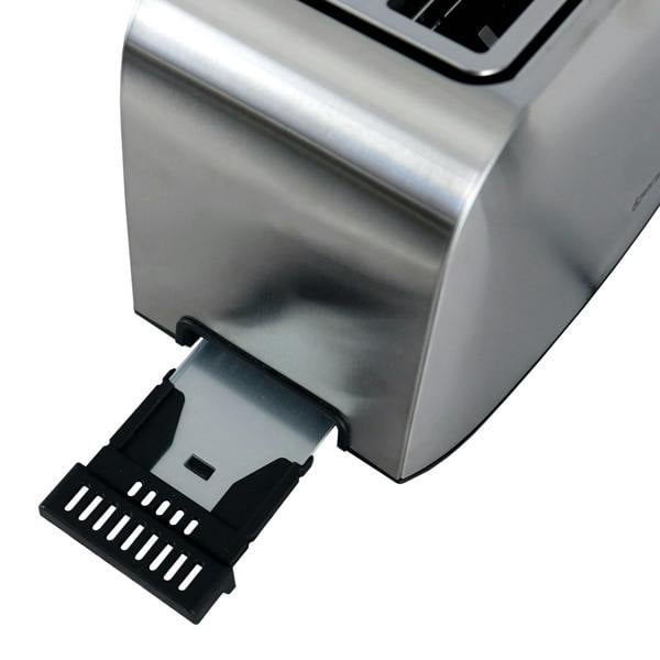 A close-up of the Igenix 2 Slice Toaster (650W) with crumb tray pulled out, showing its black handle and metal surface—ideal for toasting with wide slots, 6 browning levels, control dial, and handy cord storage.