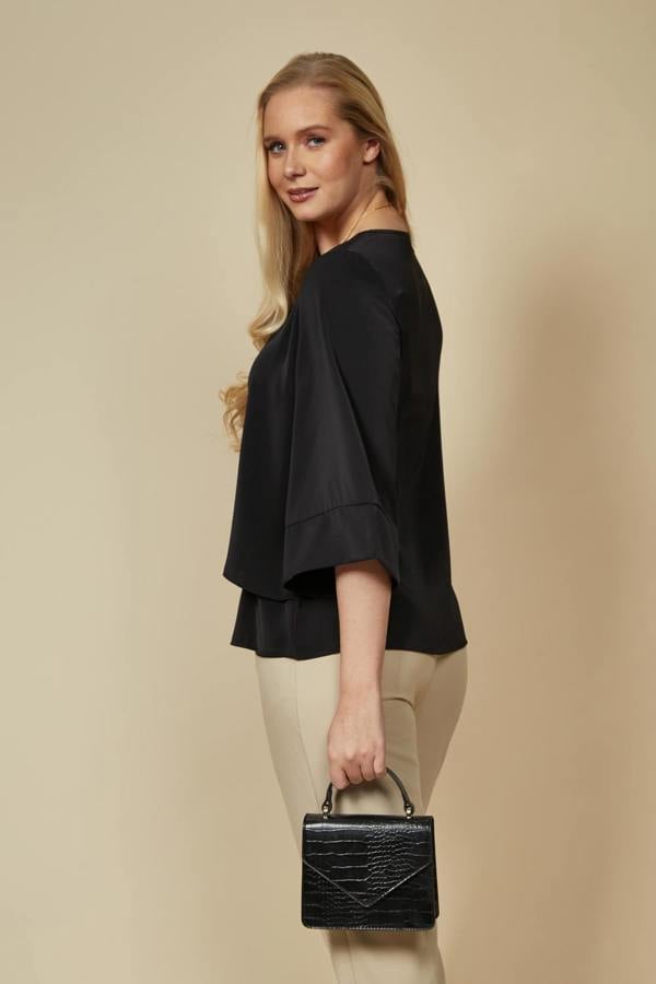 Hoxton Gal Layered Blouse With 3/4 Sleeves in Black with Necklace