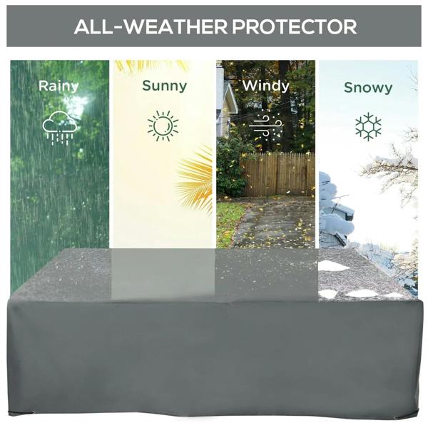 Grey all-weather protective cover featuring rain, sun, wind, and snow icons