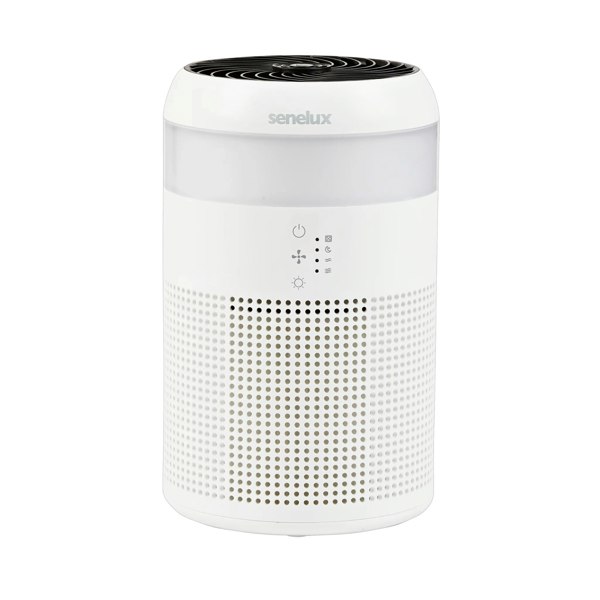 A Senelux Air Purifier with a sleek, all white design with an unlit LED light strip near the top of the purifier.