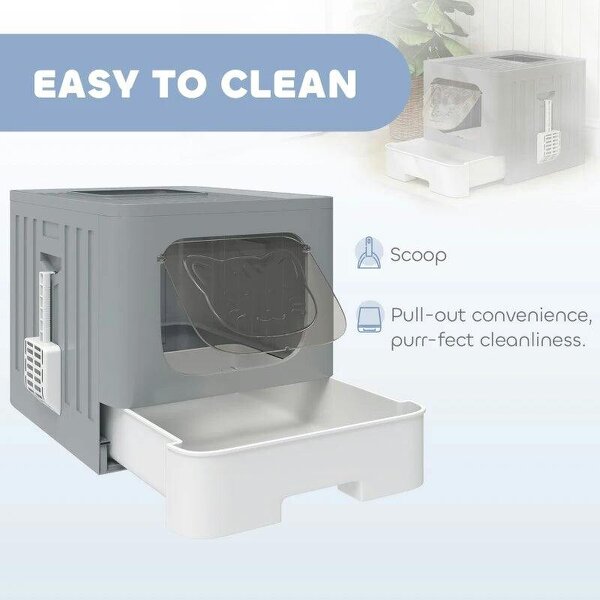 Cat Litter Box with Lid, Slide-Out Drawer, Scoop, Easy Clean, Odour Control, Anti-Splashing, Grey