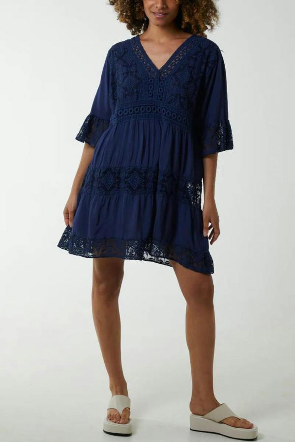 Hoxton Gal Oversized 3/4 Sleeves Lace Detailed V Neck Mini Dress in Navy