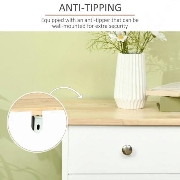 White sideboard with anti-tip bracket at top corner; rubberwood tabletop visible