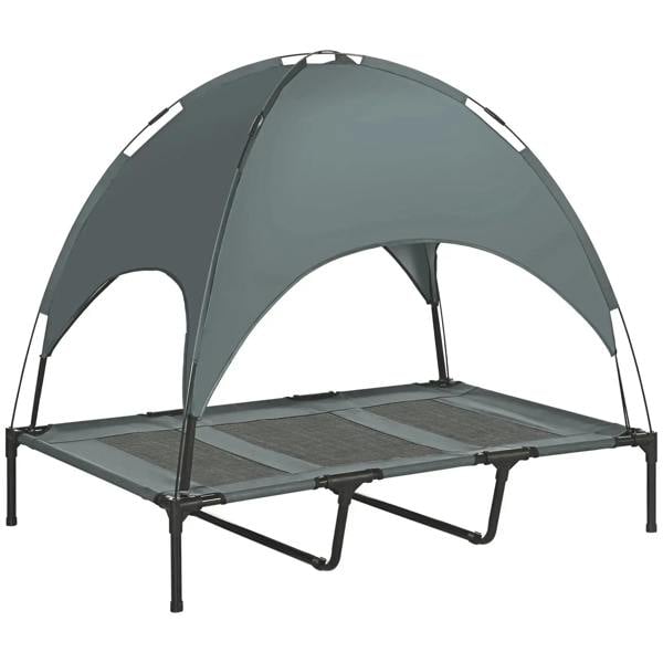 Grey elevated pet cot with breathable mesh top and arched canopy shelter