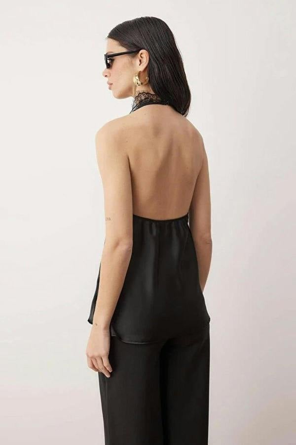 WOVCOR V-Neck Satin Party Blouse with Lace Detail