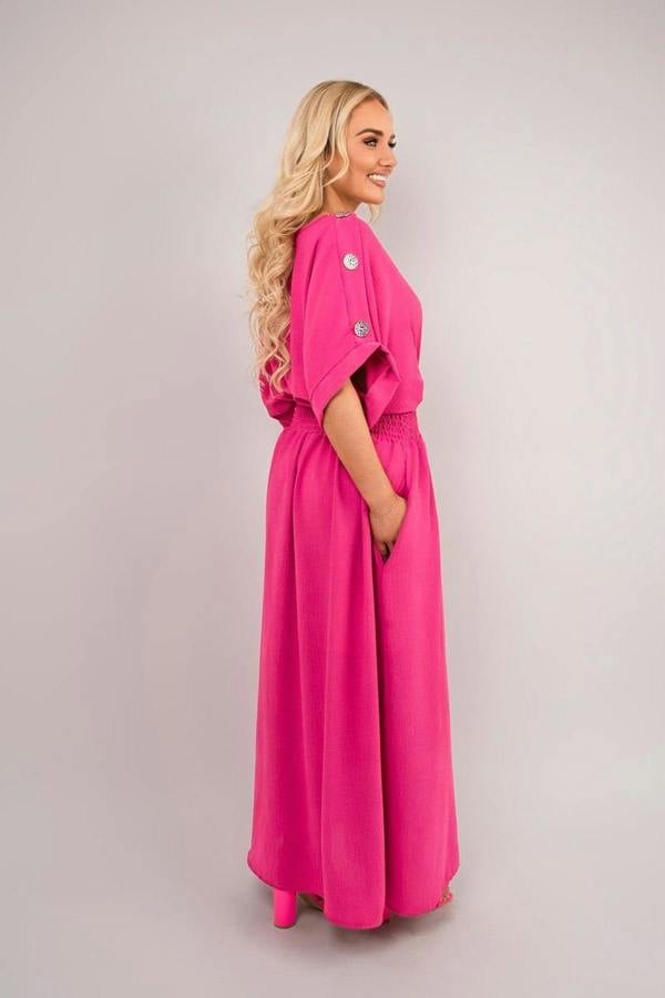 Zamara V Neck Short Sleeve Maxi Dress With Button Detail - Fuschia