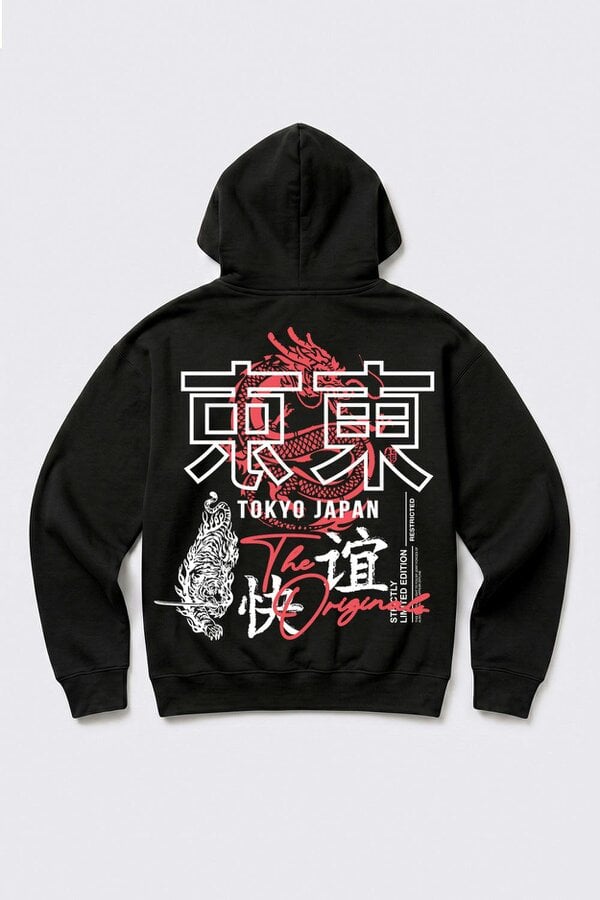 London Attitude Oversized Tokyo Japan Graphic Hoodie in Black