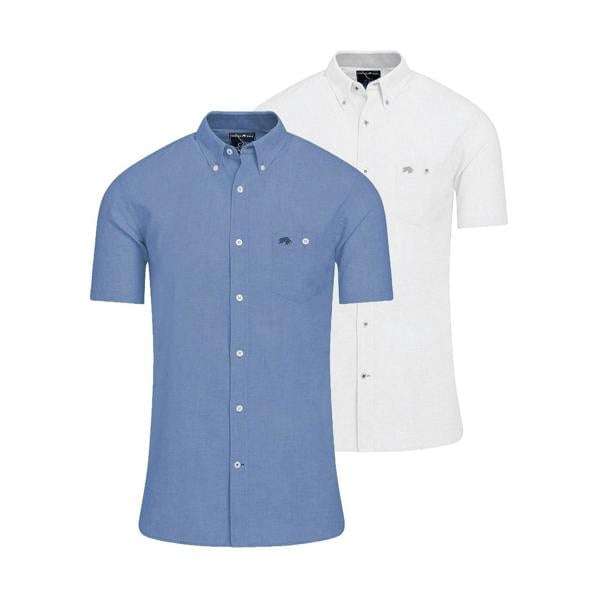 Raging Bull Mens Linen Short-Sleeved Shirt (Pack of 2) - Chambray/White - 