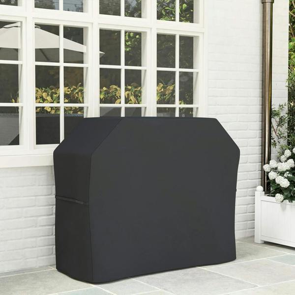 Black protective grill cover with angled top and fitted sides, outdoor patio use.