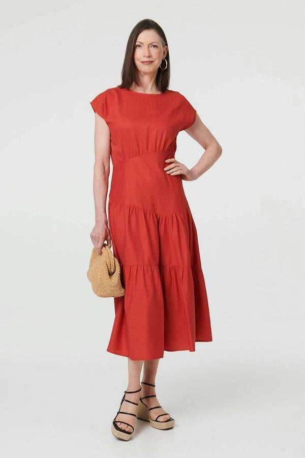 Orange | Cap Sleeve Asymmetric Tiered Midi Dress