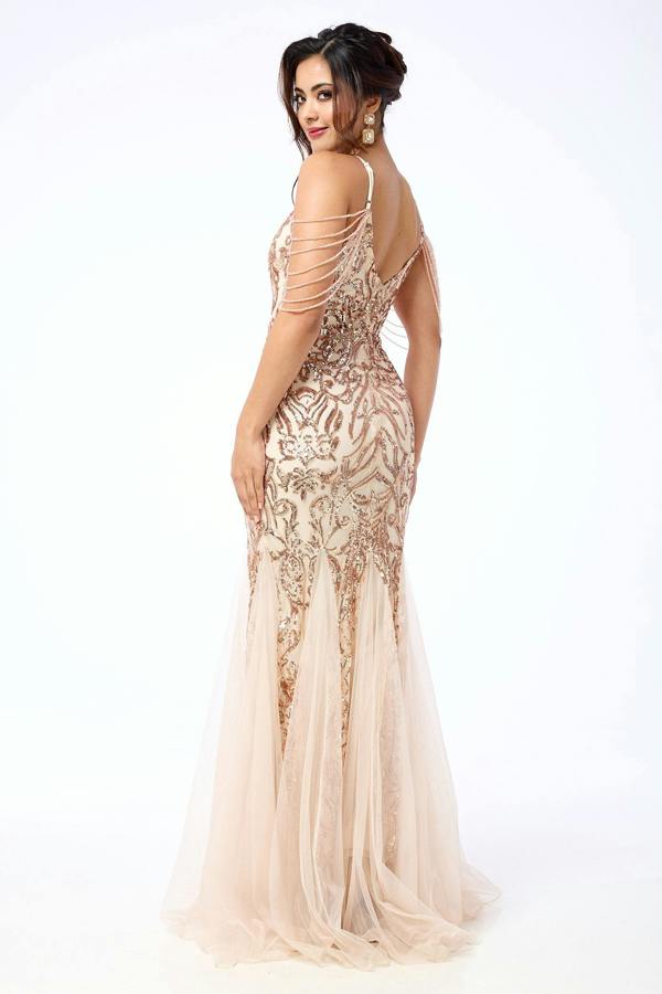 LuvForever Diora - Gold Jewelled Shoulder Sequin Maxi Dress